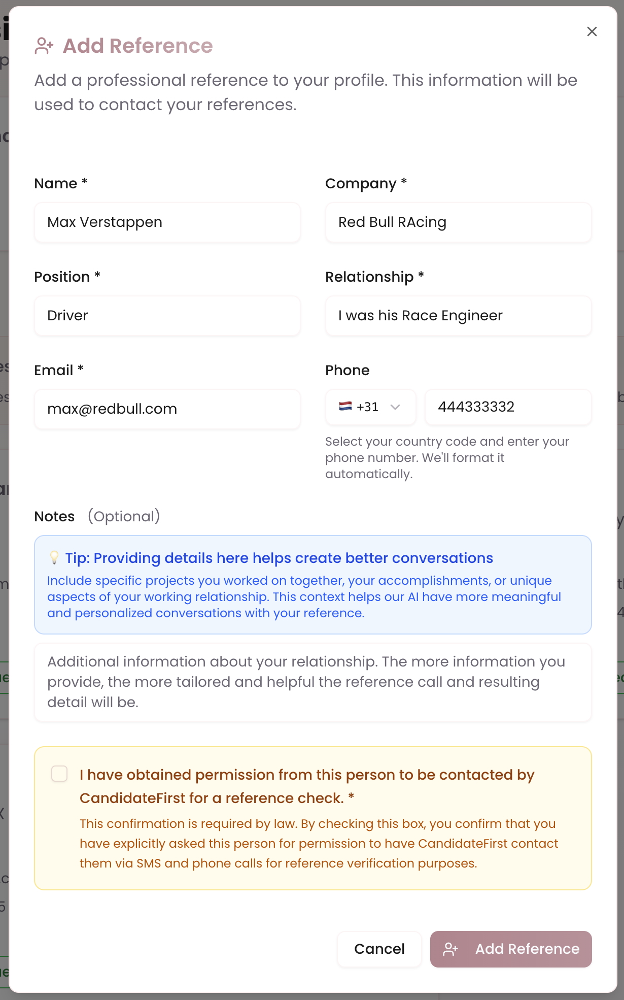 Screenshot of the Add Reference dialog showing the mandatory permission confirmation checkbox that reads 'I have obtained permission from this person to be contacted by CandidateFirst for a reference check'